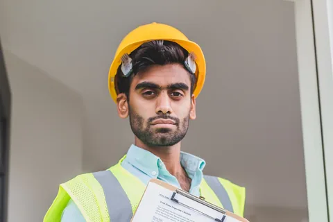Worker in a hard hat and safety vest holding a clipboard of paperwork