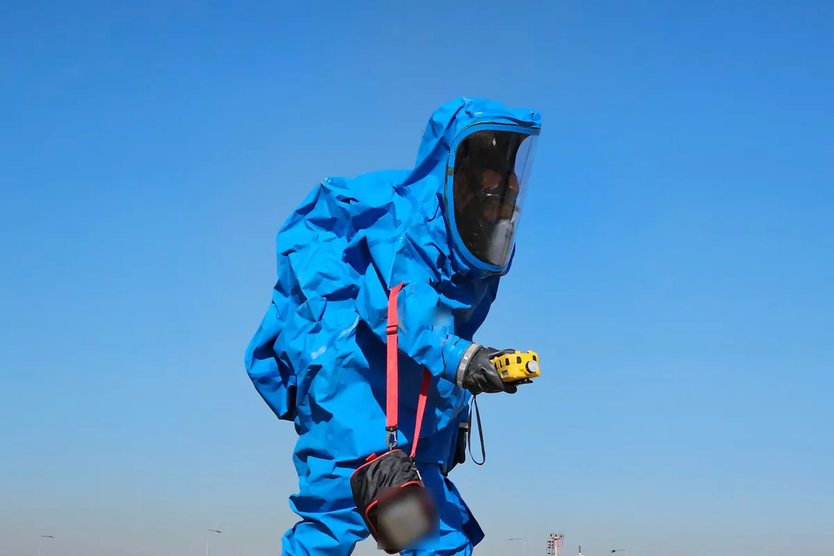Worker in a blue protective suit holding a yellow handheld gas detector outdoors